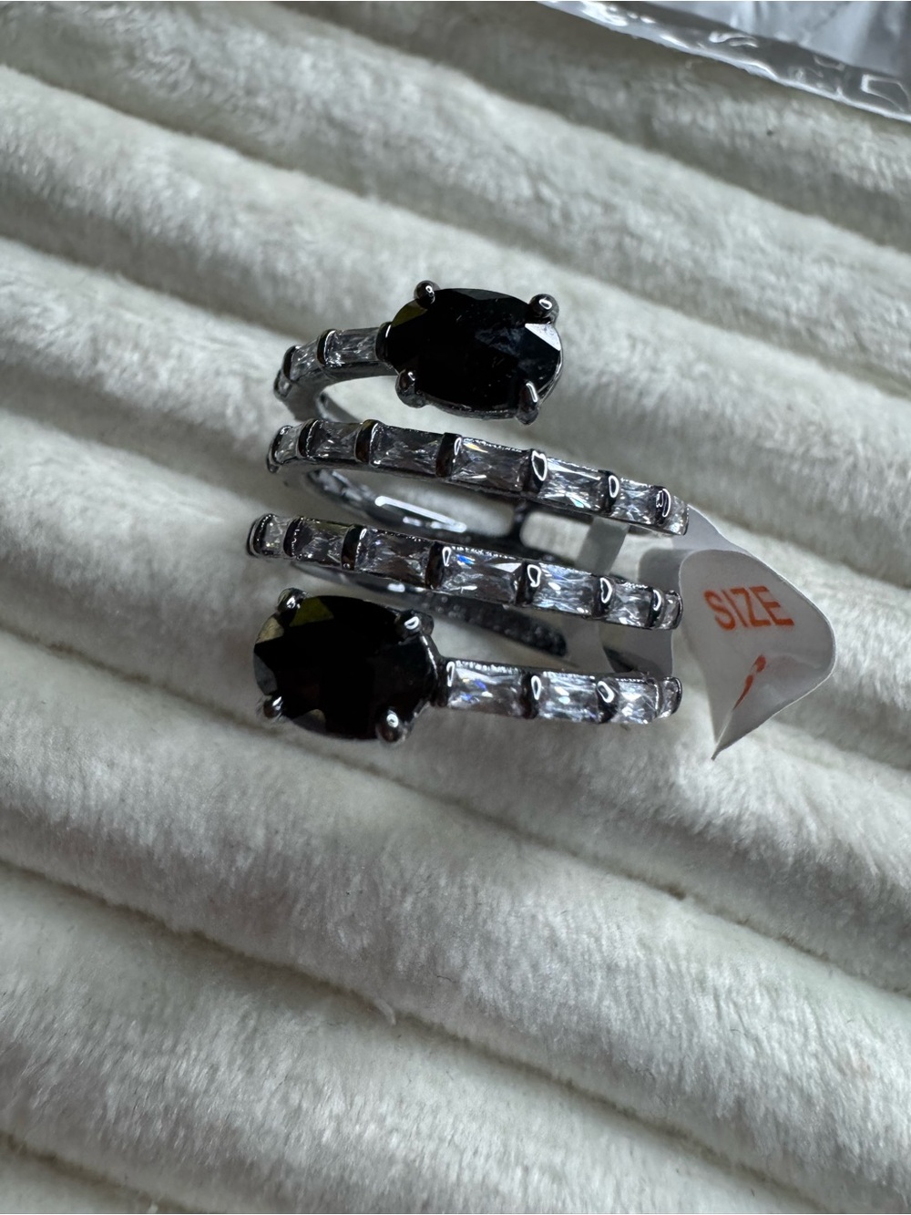 Triple-Band Silver Ring with Black Oval Stones - Women Jewelry